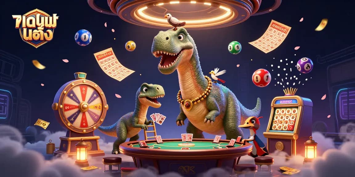 แทงบอลเต็ง showcased as the brontosaurus oversees a tiny poker game, dynamic gaming elements surround.