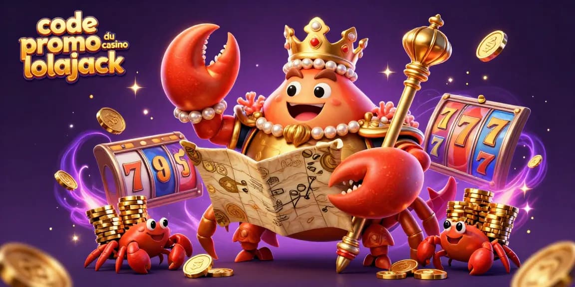 Profitez du code promo du casino lolajack avec une illustration d'un crab empereur et des jeux de casino animés.