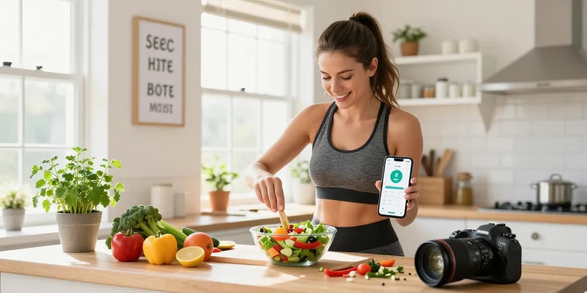 Woman tracking calories with the best calorie tracker while preparing a healthy meal in a bright kitchen.