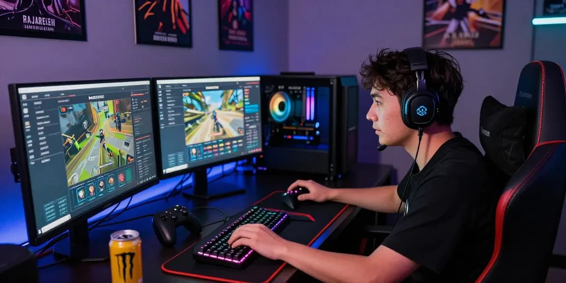 Pengguna rajareceh memainkan game dengan fokus di ruang gaming modern.