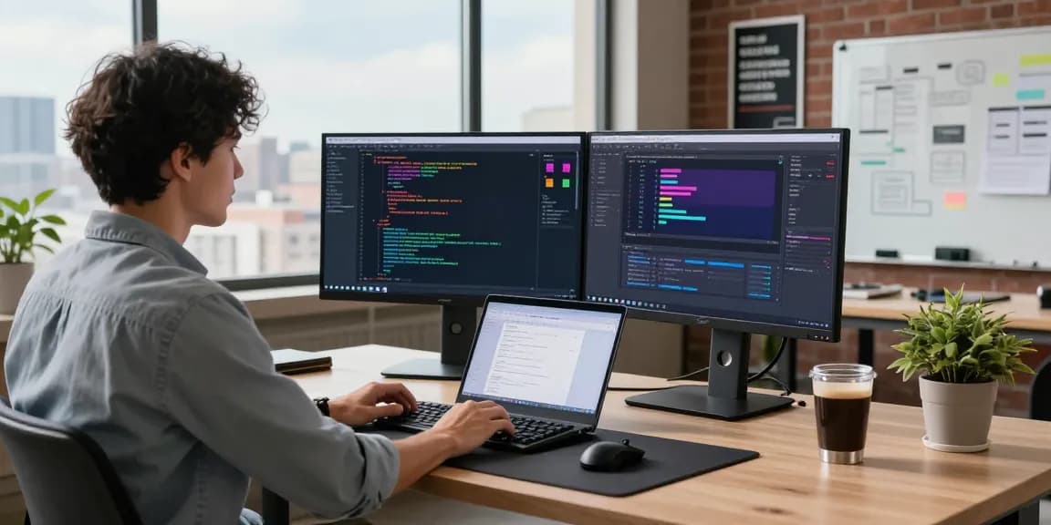 快连 software development workspace featuring a developer at a modern desk, coding on dual monitors in a lively office environment.