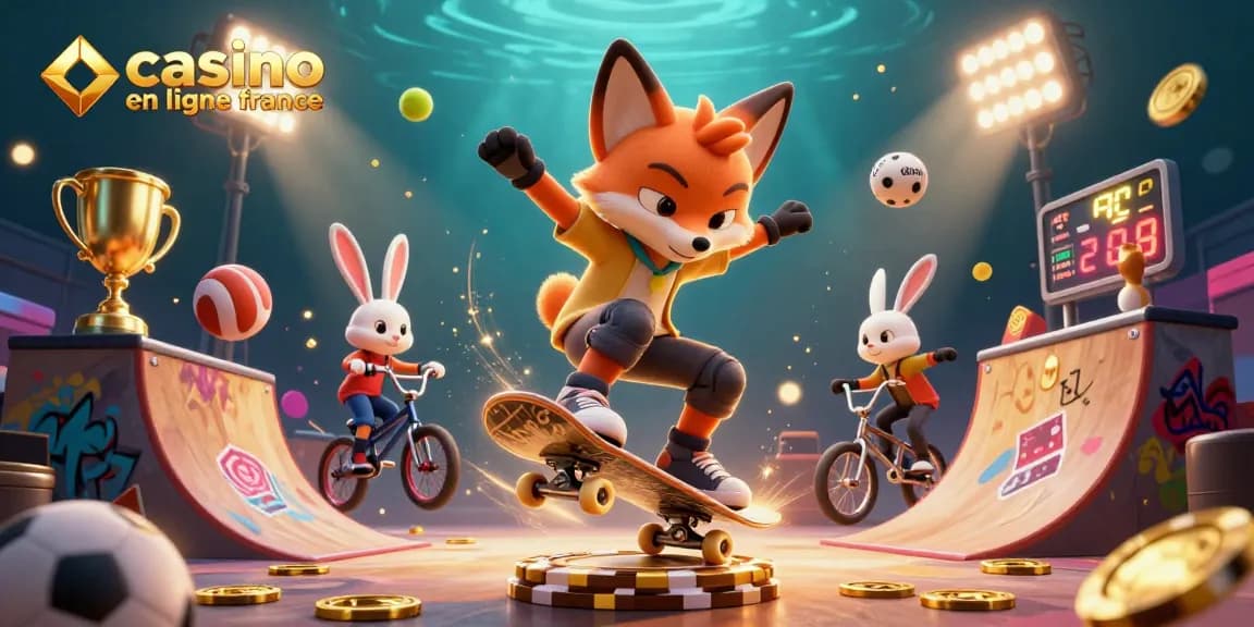Visuel engageant de casino en ligne France mettant en scène un renard skateboarder et un lapin BMX dans une scène dynamique en 3D.
