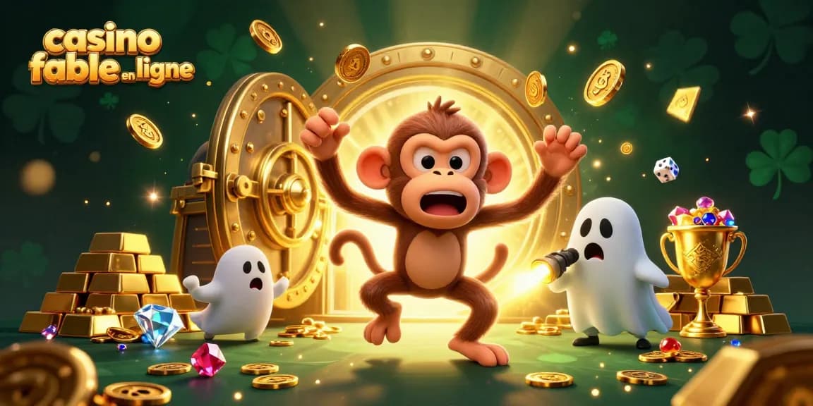 Découvrez l'univers captivant du casino fiable en ligne avec un singe malin et un chiot chasseur de fantômes explorant.