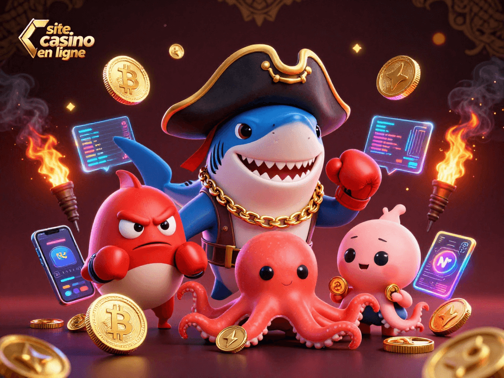 Découvrez le site casino en ligne avec des personnages animés jouant tandis que des pièces de crypto flottent autour d'eux.