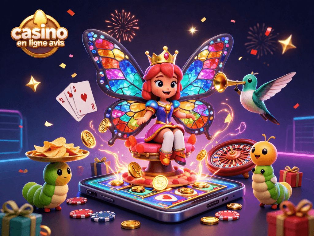 Avis sur les casinos en ligne : profitez d'une illustration animée de jeux de casino riches en détails.