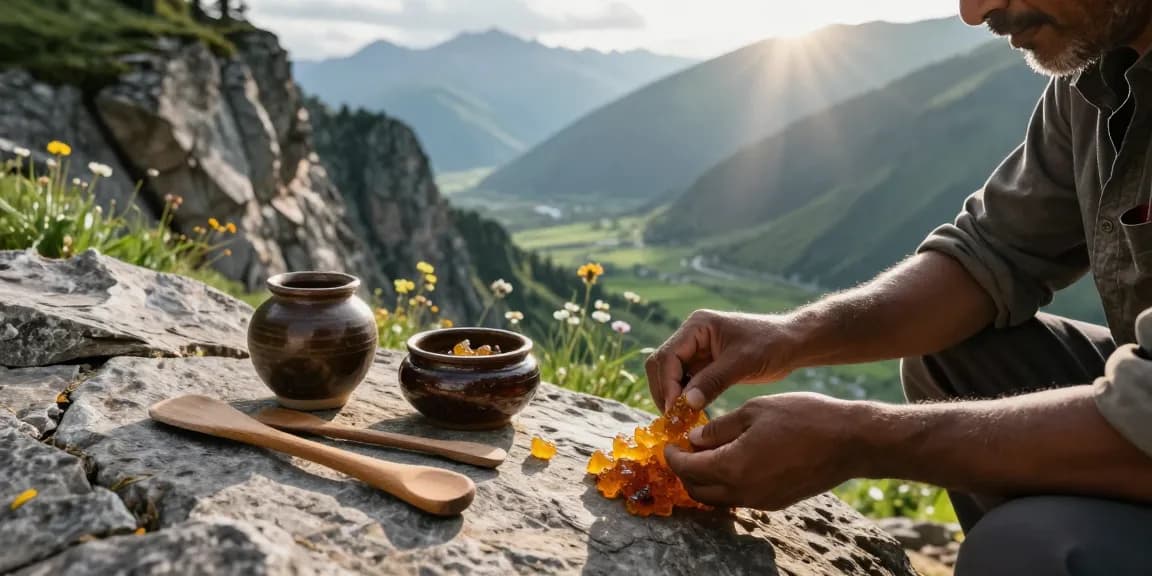 Shilajit resin extraction process in the Himalayas with traditional Ayurvedic tools.