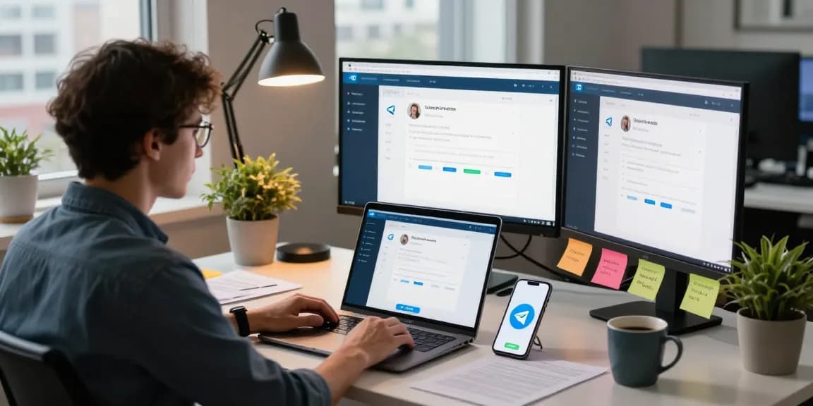 Telegram China register by a professional setting up on multiple screens in a modern tech workspace.