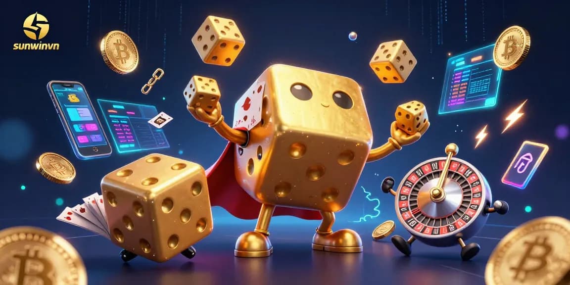 Experience sunwinvn's vibrant casino scene with golden dice, neon cryptocurrencies, and exciting game elements.
