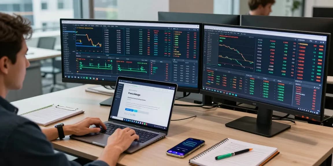 Funexchange platform in a professional cryptocurrency trading setup featuring advanced trading interfaces and digital wallet management