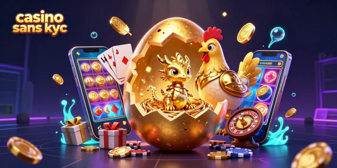 Jouer dans un casino sans KYC avec un dragon d'or et des jetons dans une scène dynamique.