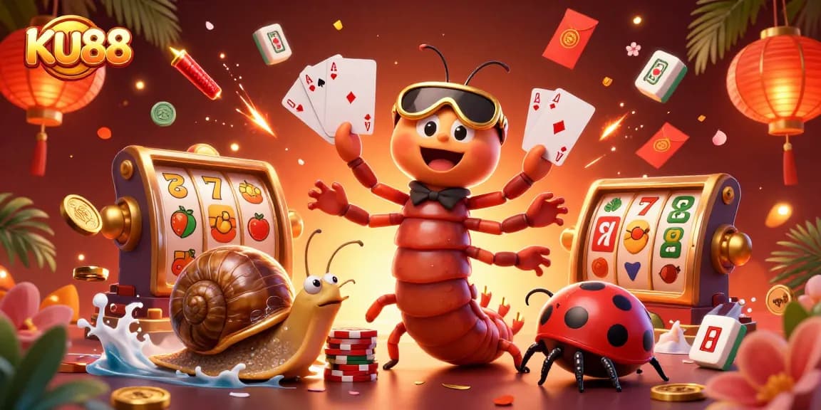 Experience the excitement of KU88 with a vibrant 3D casino scene of an enthusiastic cartoon dealer.