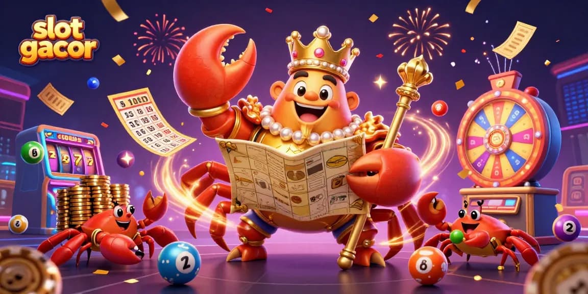 Mainkan slot gacor dengan raja kepiting emas dan bola lotere berwarna-warni, dikelilingi kejutan hadiah.