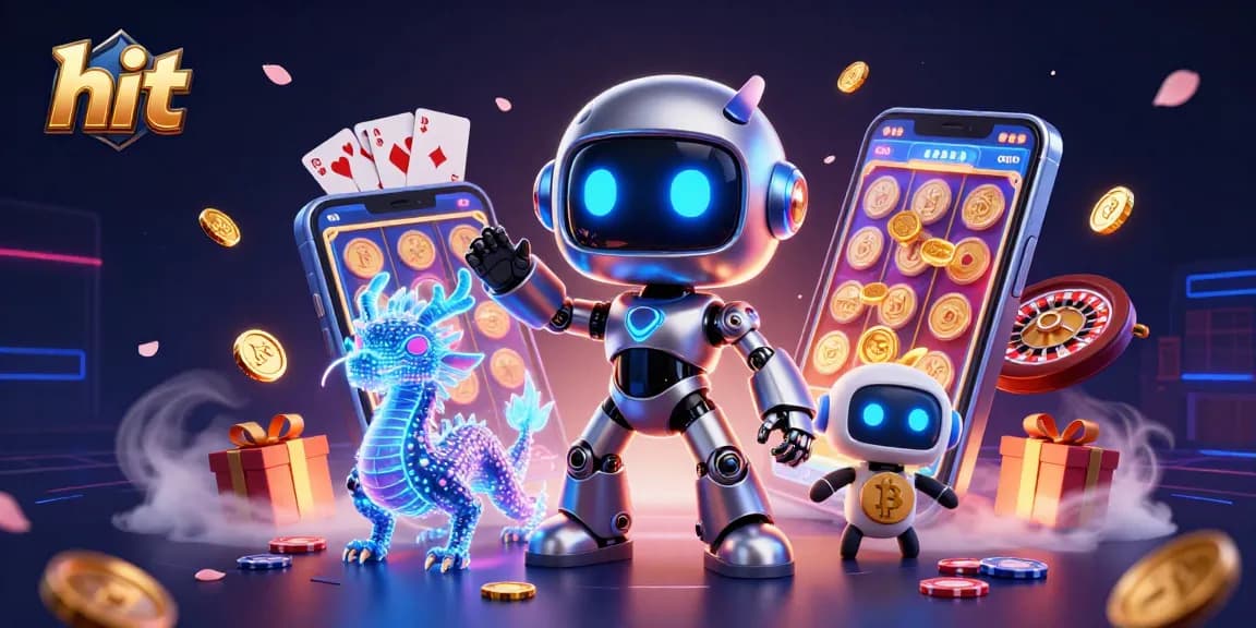 Hit hits the jackpot with a cyberpunk casino scene featuring vibrant slot games and 3D animations.