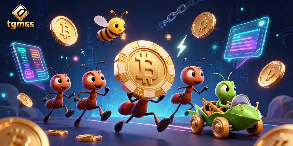Experience the thrill of tgmss with a heist in the casino world, featuring playful ants and crypto coins.