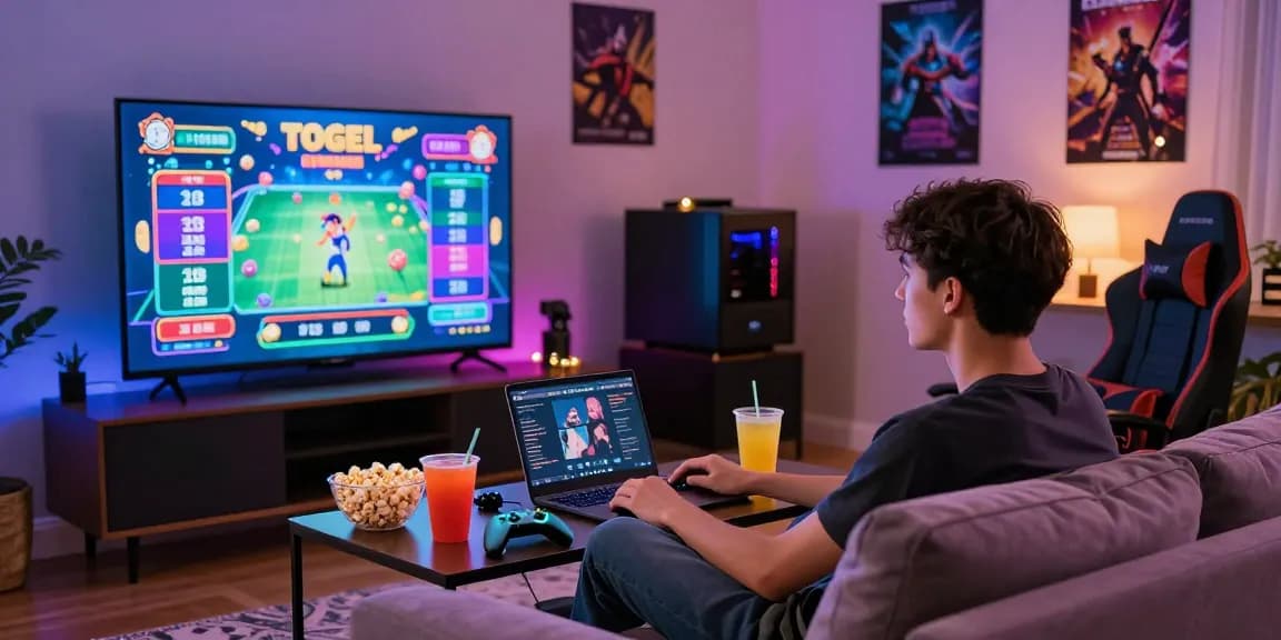 Engaging player enjoying a vibrant link bandar togel game in a cozy living room.