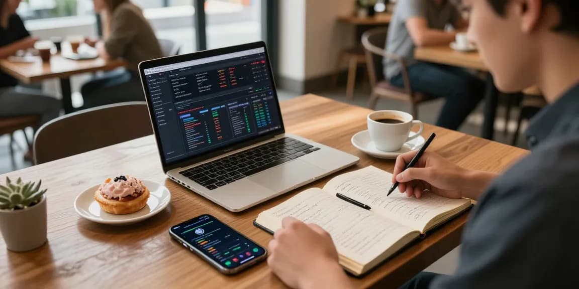 Cricbet99 cryptocurrency trading workspace in a cozy coffee shop, loaded with laptops, digital wallets, and market analytics.