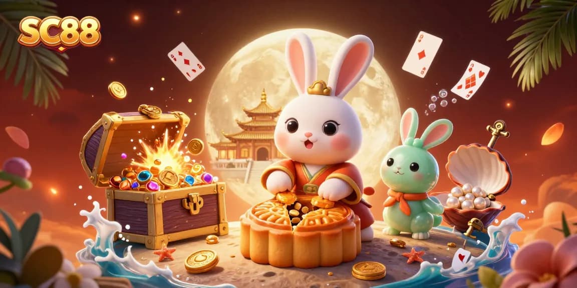 Engage in thrilling gameplay at SC88, where the moon rabbit unveils poker chips in a vibrant lunar casino.