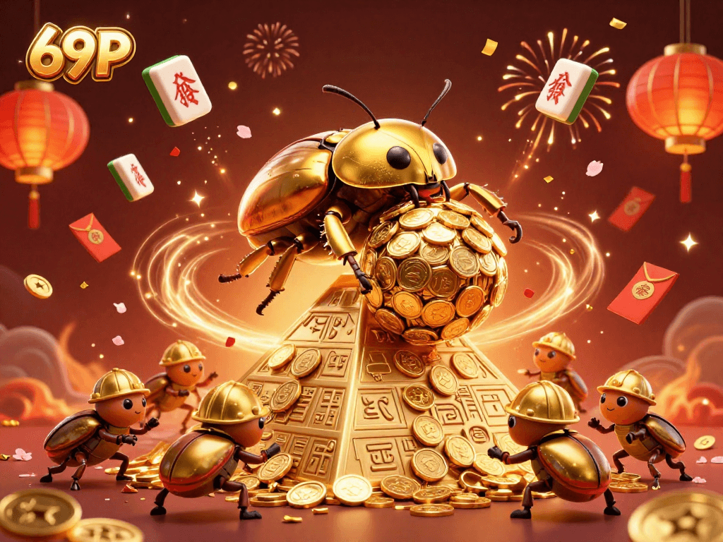 Ganhe no 69P com a ilustração vívida de insetos de ouro em um cassino vibrante.
