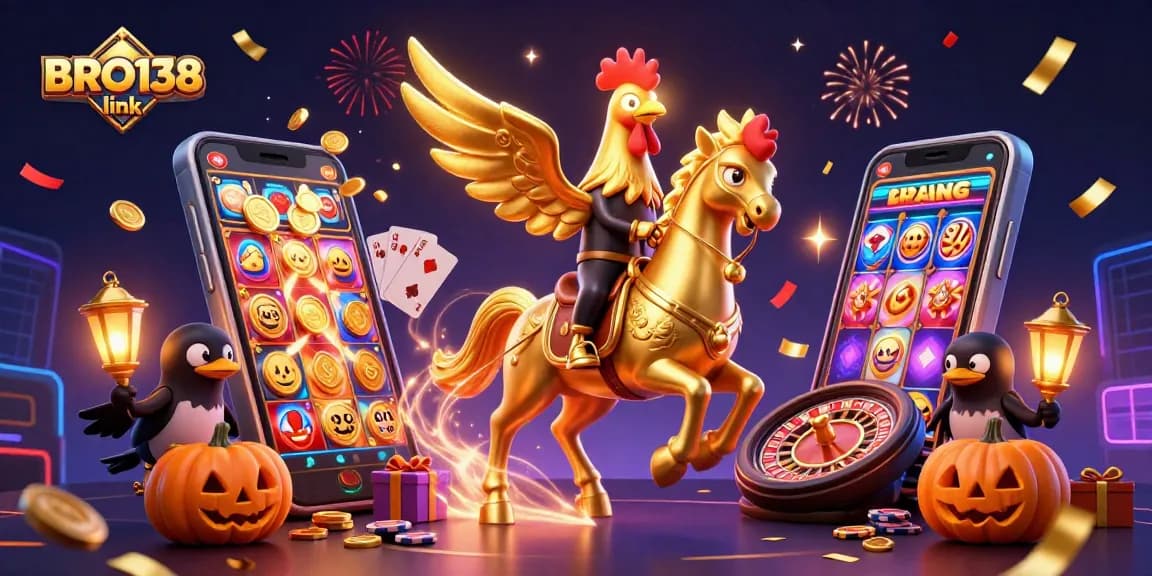Engage with the thrilling BRO138 link adventure, showcasing a golden rooster riding through a vibrant casino scene.