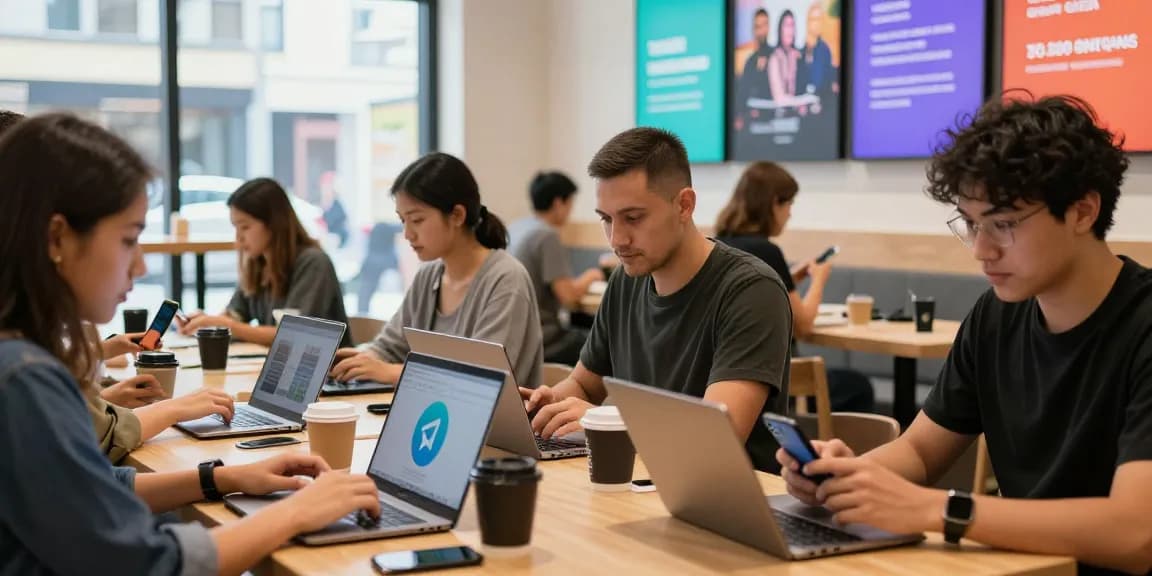 Telegram china 2026 users enjoying a vibrant cyber café, engaging with their devices while communicating and networking.