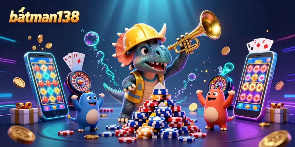 Join the excitement of batman138 with a triceratops building poker chip towers amid casino game elements.