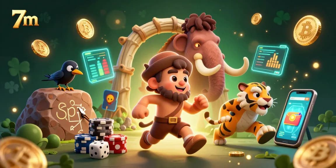 Engage in 7m sports betting with neon coins amidst a lively prehistoric casino scene.