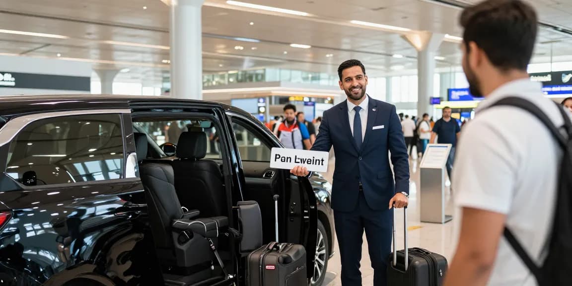Airport chauffeur service in Dubai with professional driver welcoming passenger at airport.