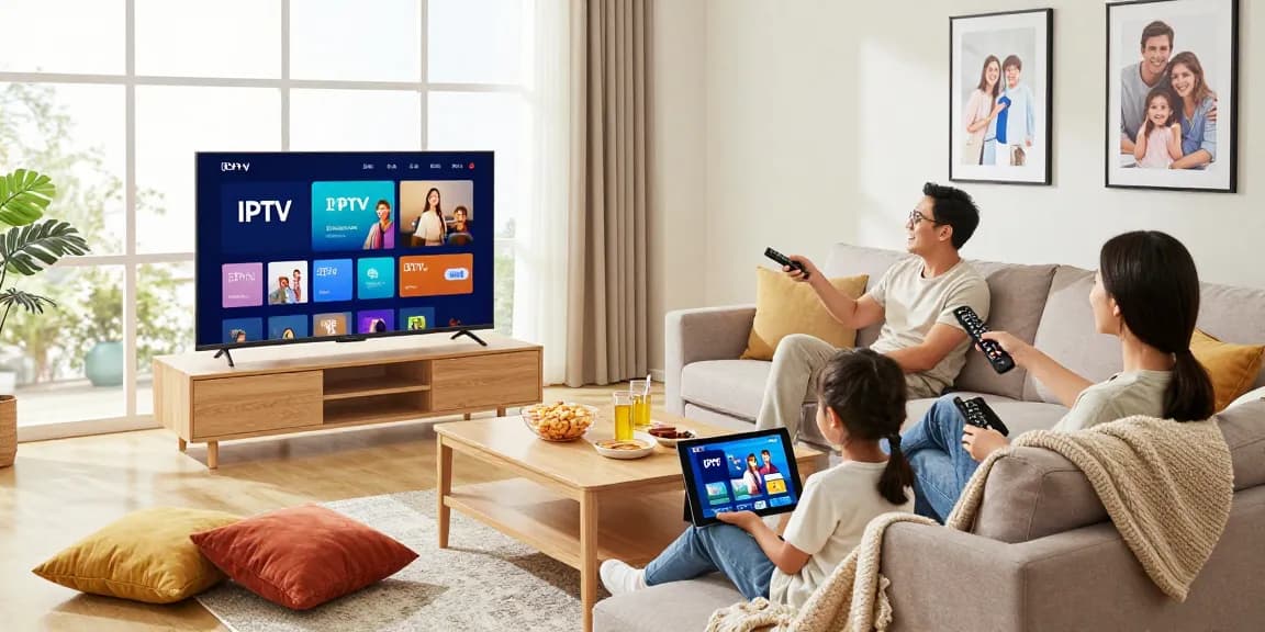 Famille profitant de l'abonnement IPTV Belgique dans un salon chaleureux.