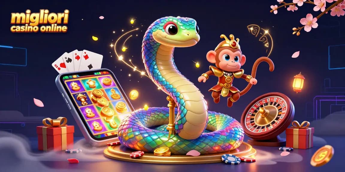 Migliori casino online in un'illustrazione 3D che mostra il serpente arcobaleno e il re scimmia tra slot e giochi