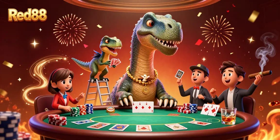 Experience thrilling moments at Red88 with a vibrant 3D casino scene showcasing a dinosaur and clever raptor dealers.