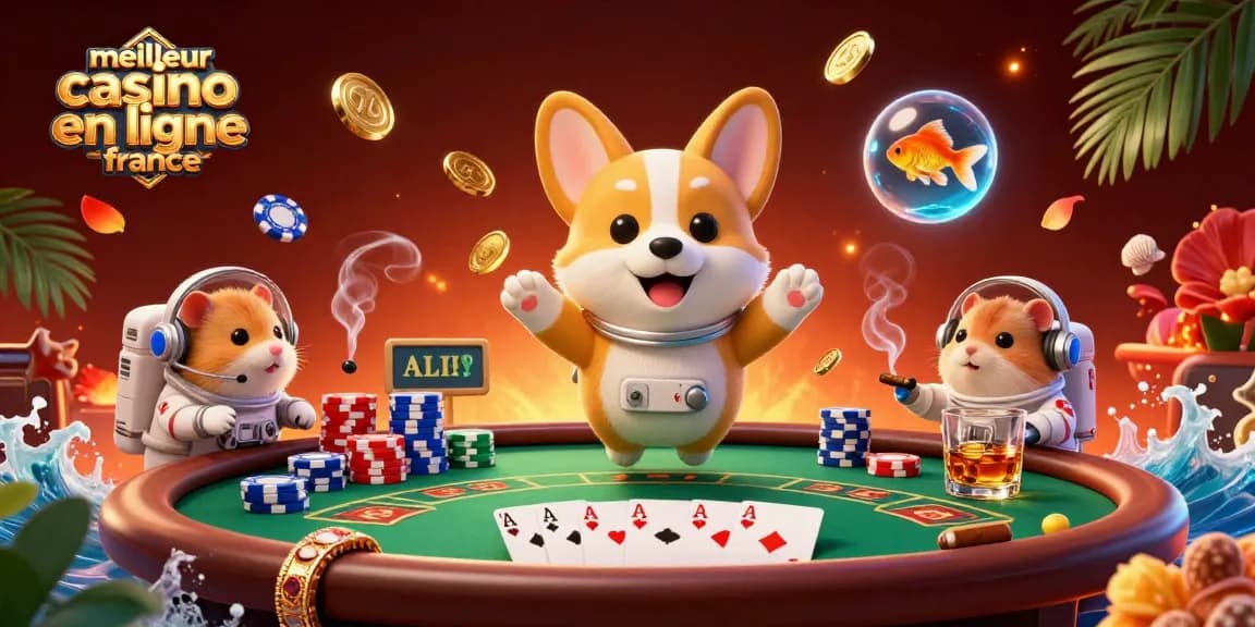 Illustration captivante d'un corgi astronaute flottant dans un casino spatial, représentant le meilleur casino en ligne France.