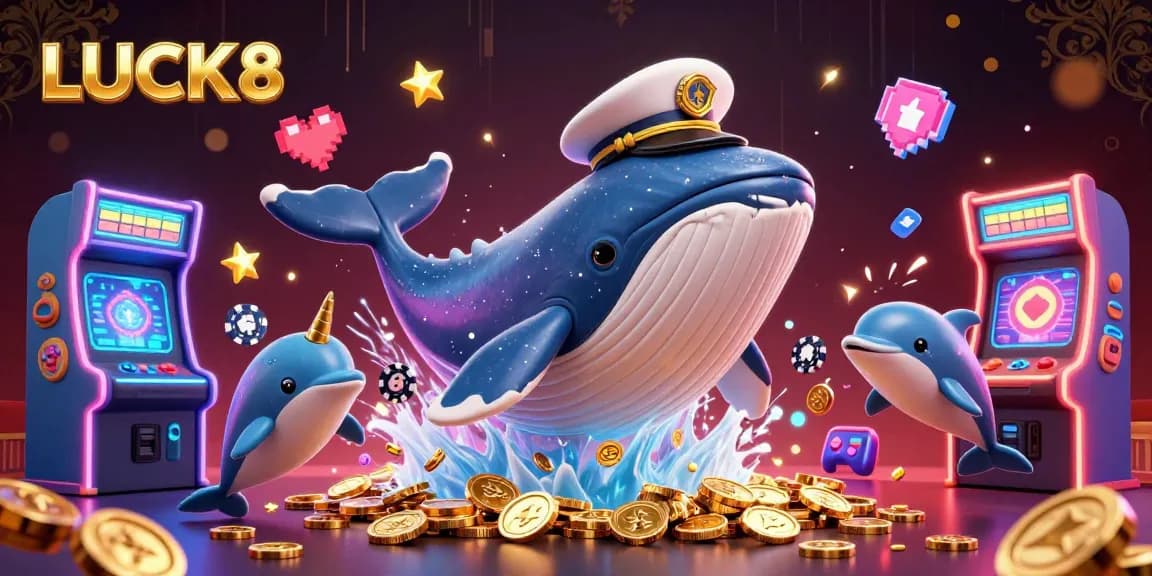 Experience LUCK8 thrilling wins with a whale and narwhal amidst casino elements.