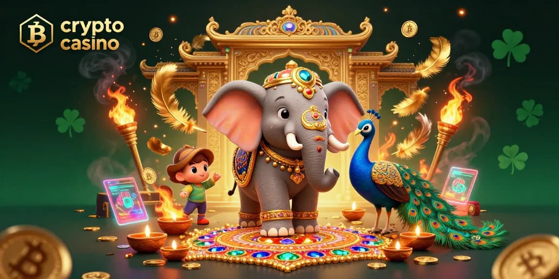 Gagnez en jouant au crypto casino avec des pièces Bitcoin, un éléphant orné et un paon coloré.