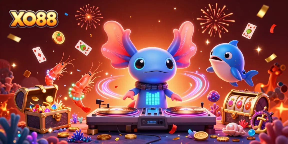 Spin to win at XO88 with a vibrant neon casino scene featuring axolotl DJ and playful elements.