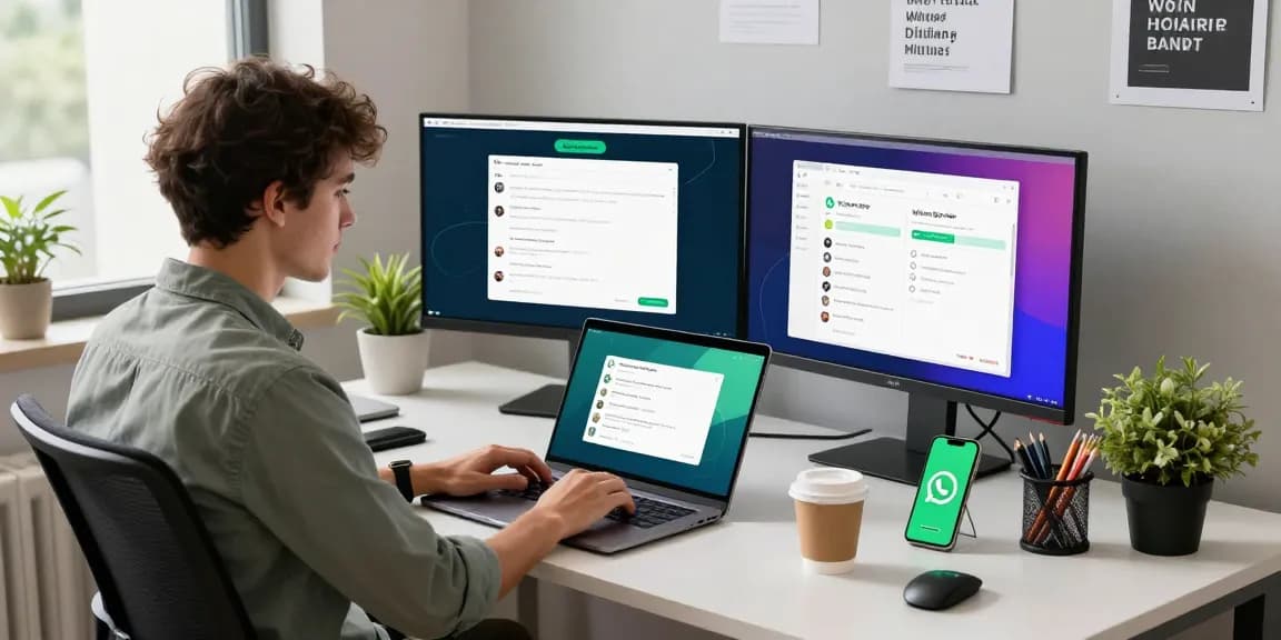 Professional using WhatsApp網頁版 on a modern laptop in a bright office workspace.