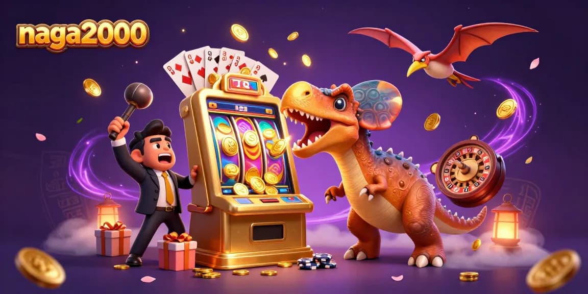 Naga2000 menang besar dengan dinosaurus menanduk mesin slot, mengeluarkan koin emas.