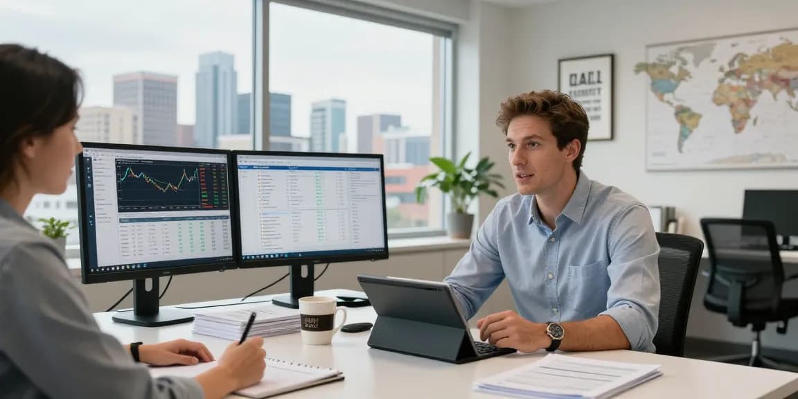 Nathan Garries consulting in a modern financial office, showcasing expertise in client relations.