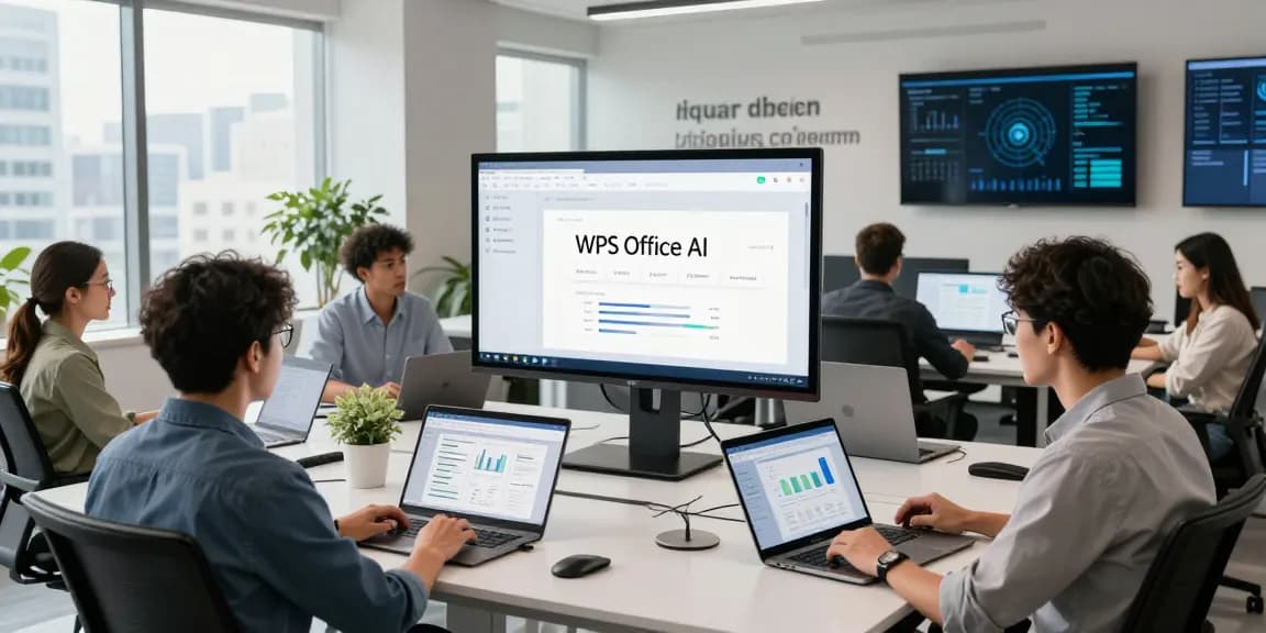 A diverse team collaborating with the latest WPS下载 cloud software in a modern office setting, showcasing AI features and document editing.