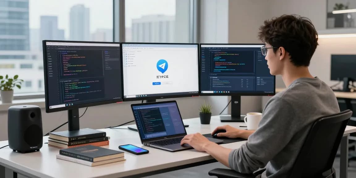 Developer configuring 纸飞机中文版 app in a modern workspace.