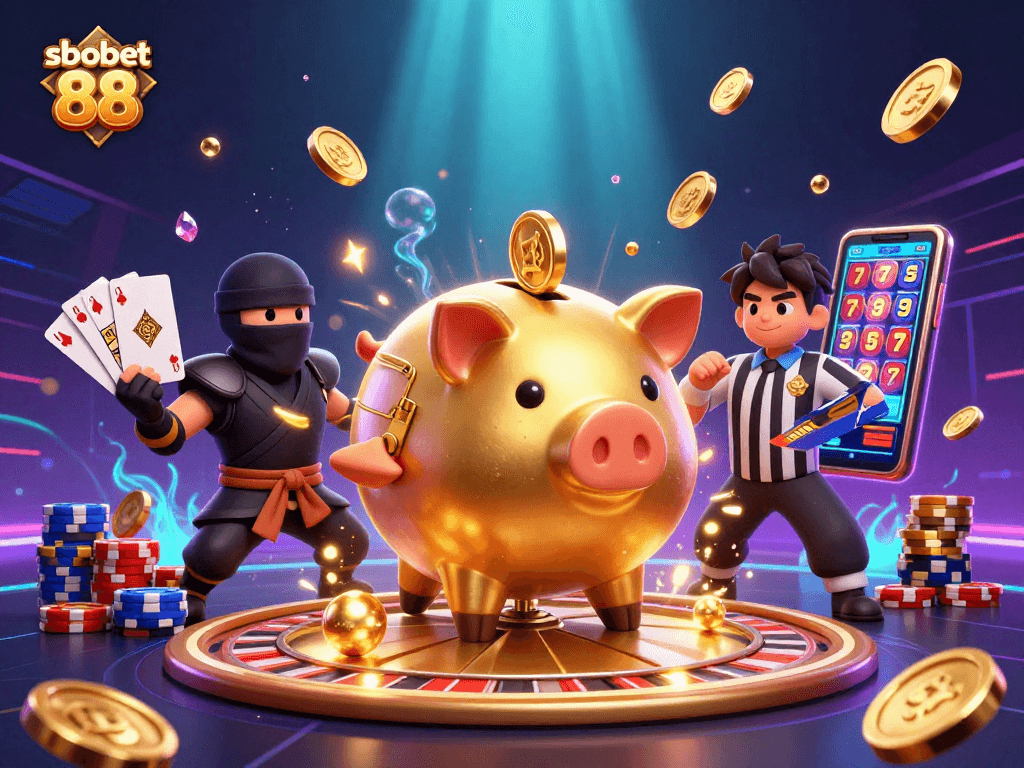 Bet on sbobet 88 with excitement, featuring a golden sumo wrestler and thrilling casino elements.