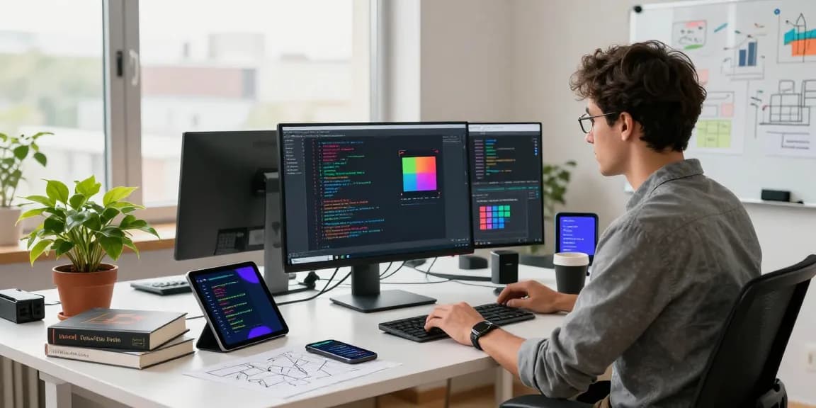Developer focusing on code with a 64x64 pixel display in a modern workspace.