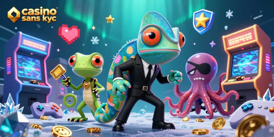 Profitez d'un casino sans KYC, avec un caméléon agent secret et un gecko technologique en action.