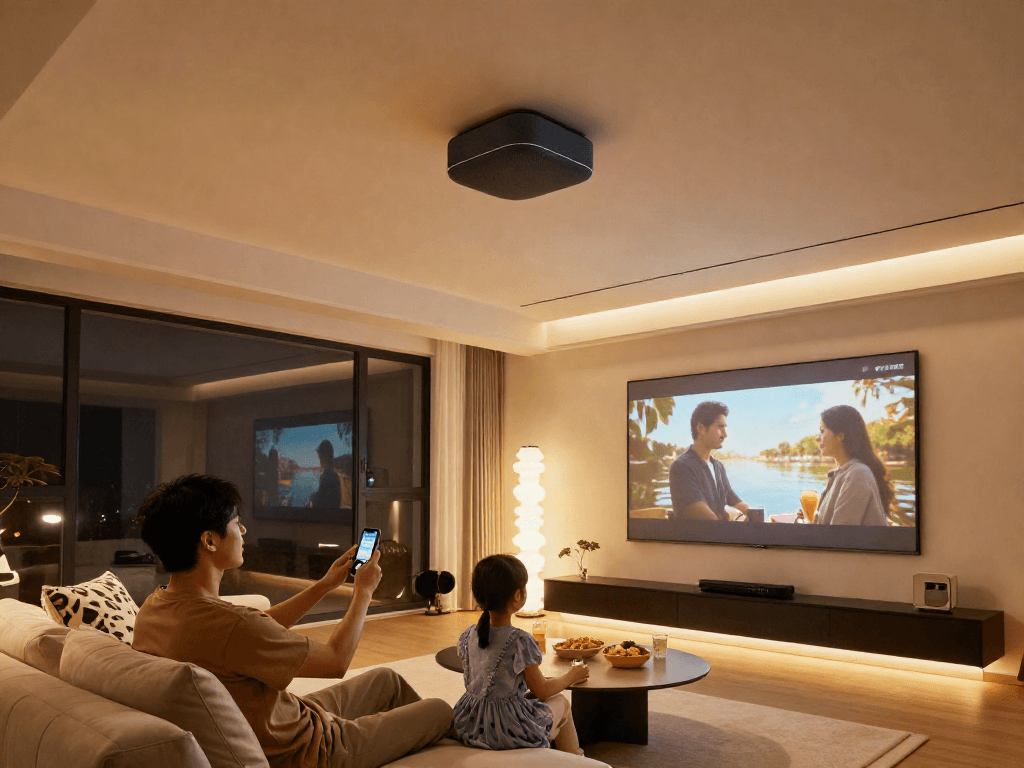 Enjoying a family movie night with a stylish اسپیکر سقفی in a cozy living room.