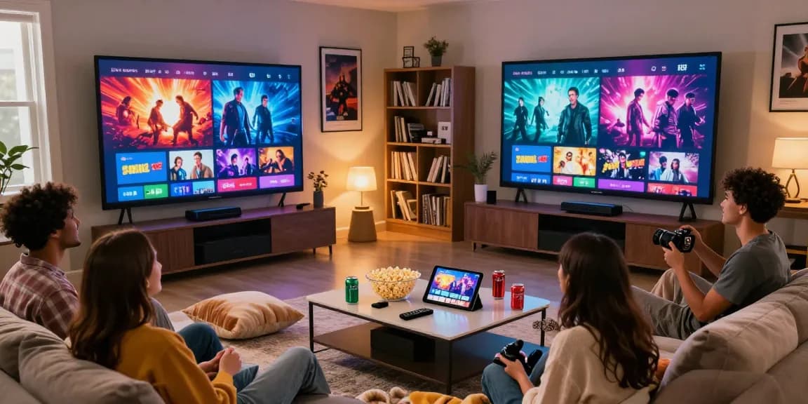 Bolly4u's best platform for movies showcase with friends enjoying movie trailers in a cozy living room.