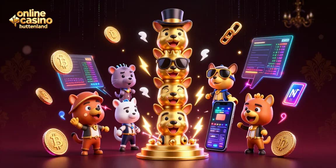 Experience the vibrancy of online casino buitenland with a dynamic 3D illustration of a totem pole and crypto elements.