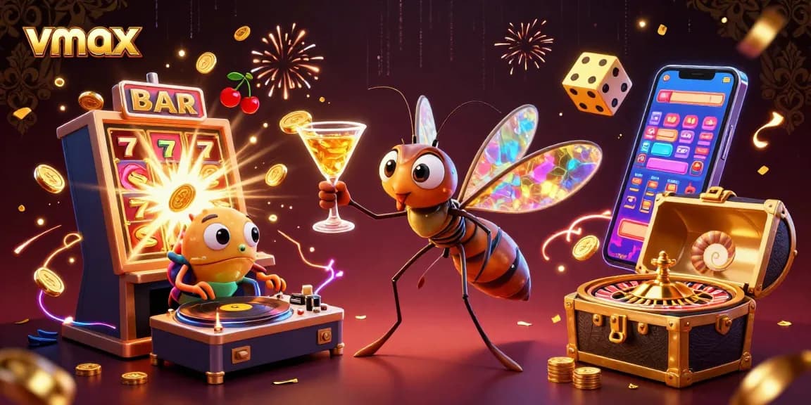 Experience vmax gaming excitement with a dynamic casino mascot, golden roulette wheel, and jackpot celebration.