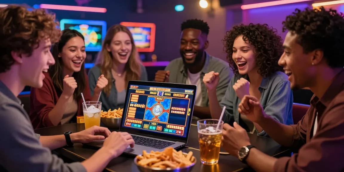 Exciting online gambling scene demonstrating friends engaging in slot deposit 5k game, highlighting vibrant graphics and joyful atmosphere.