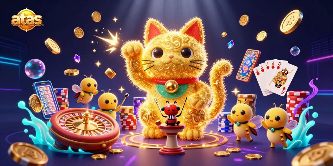 Experience the enchanting atas casino adventure with a lucky cat and vibrant casino elements in stunning detail.