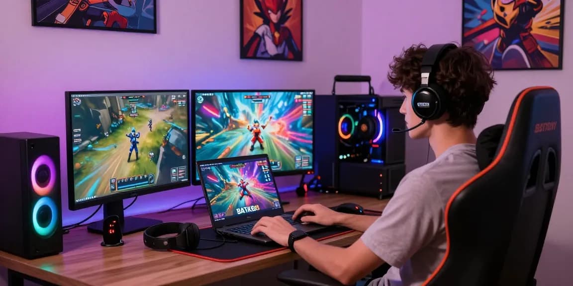 Pengguna mengakses BATIK88 dengan laptop dan aksesori game di ruang yang nyaman.