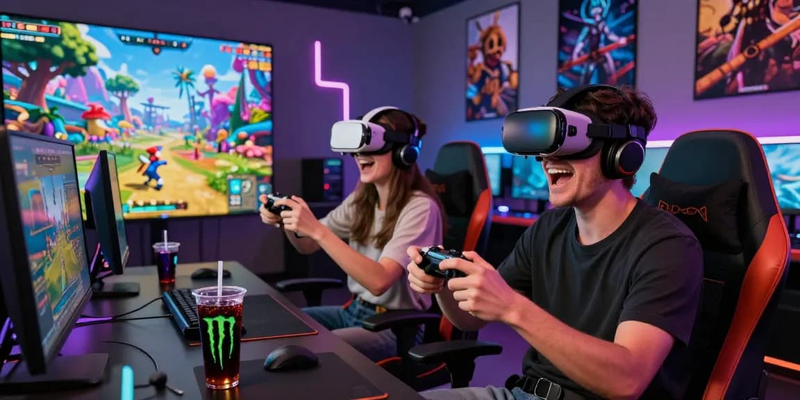 Pengalaman situs tantegacor88, dua gamer dengan headset VR dalam suasana permainan interaktif yang meriah.
